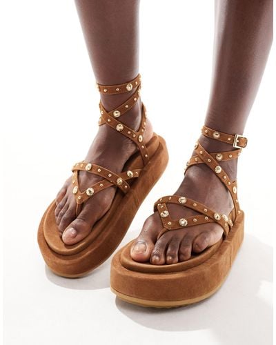 ASOS Fondue Premium Suede Studded Strappy Sandals - Brown