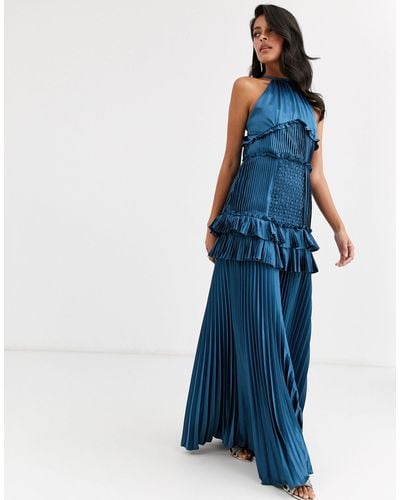 True Decadence Halterneck Tiered Maxi Dress With Panel And Ruffle Detail - Blue