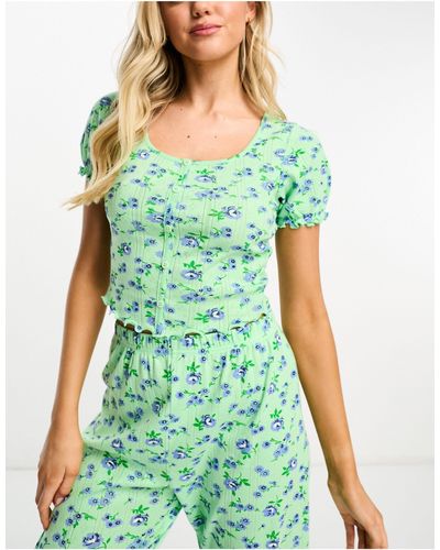 ASOS Mix & Match Floral Pointelle Button Through Pyjama Top - Green