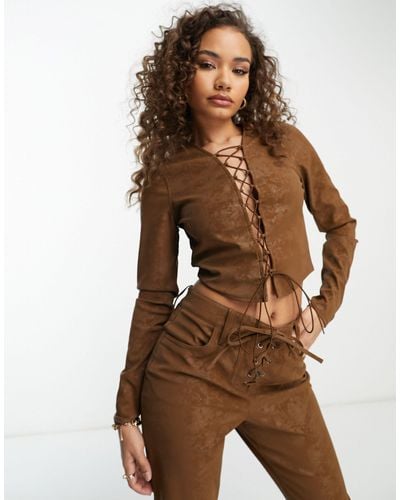 AFRM Aida Long Sleeve Lace Up Graphic Top - Brown