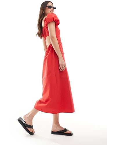 Stradivarius Puff Sleeve Maxi Dress - Red