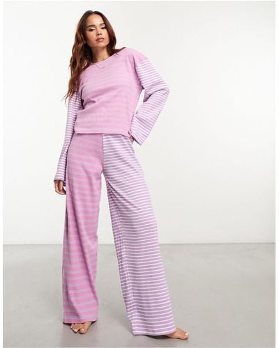 Daisy Street Rib Stripe Mix Long Sleeve Trousers Pyjama Set With Gift Bag-purple - Pink