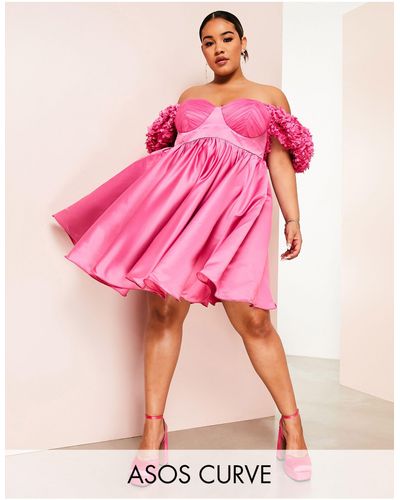 ASOS Curve 3d Floral Satin Wired Babydoll Mini Dress - Pink