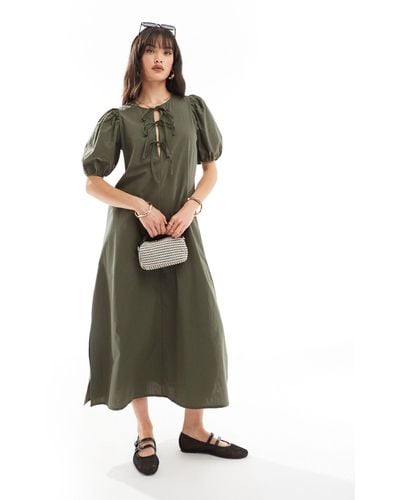 ONLY Vestido largo color oliva con mangas abullonadas y lazo - Verde