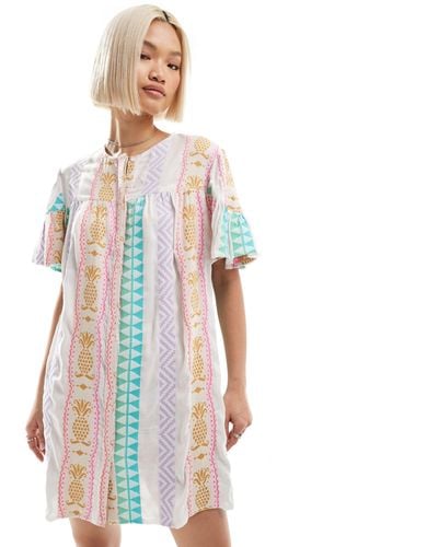 Native Youth Pineapple Embroidered Linen Smock Dress - White
