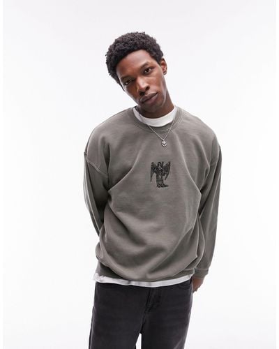 TOPMAN Oversized Sweatshirt With Angel Embroidery - Gray