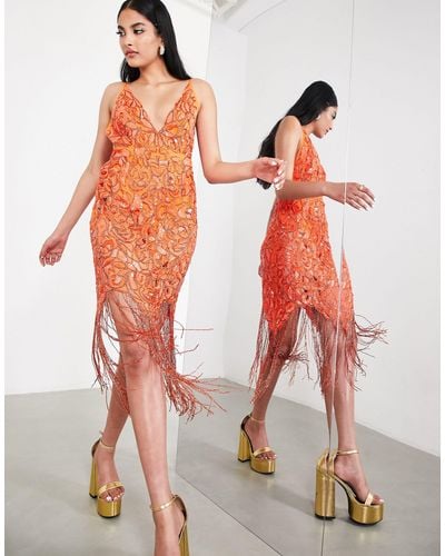 ASOS Sequin Cutwork Cami Midi Dress With Fringe Hot - Orange