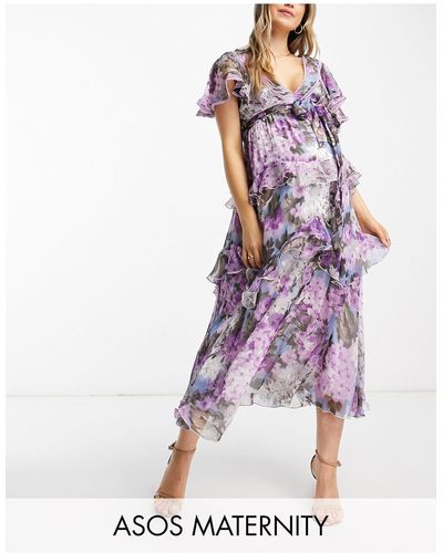 ASOS Asos design maternity - robe mi-longue à volants avec empiècement en dentelle et dos ouvert - lilas à imprimé grandes fleurs - Blanc
