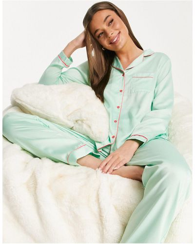 Loungeable Satijnen Lange Pyjamaset Met Contrasterende Biezen - Groen