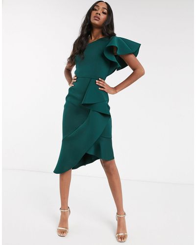 True Violet Exclusive One Shoulder Asymmetrical Midi Dress - Green