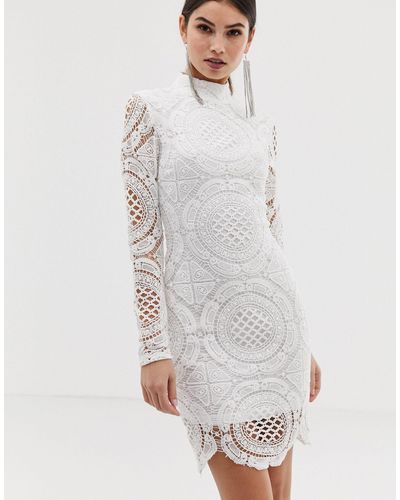 Forever Unique High Neck Long Sleeve Lace Mini Dress - White
