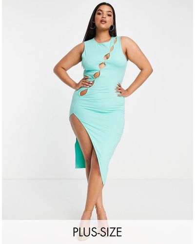 SIMMI Simmi Plus - Asymmetrische Midi-jurk Met Dijsplit En Uitsnijding - Blauw
