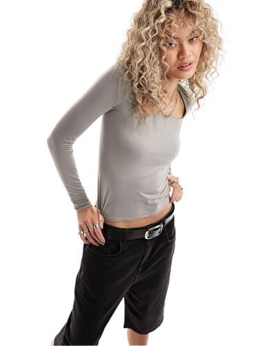 Weekday Square Neck Long Sleeve Top - Gray