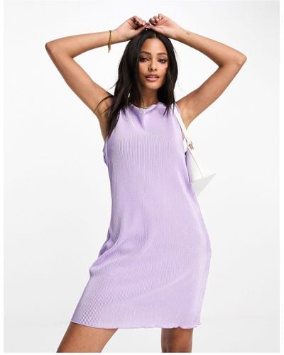 Pieces Straight Neck Plisse Mini Dress - Purple