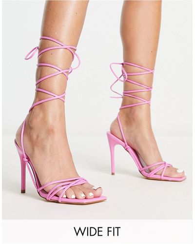 Truffle Collection Wide Fit Tie Leg Sqaure Toe Heeled Sandals - Pink