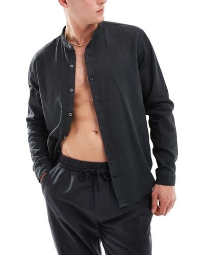 Pull&Bear Linen Look Long Sleeve Grandad Neck Shirt - Black