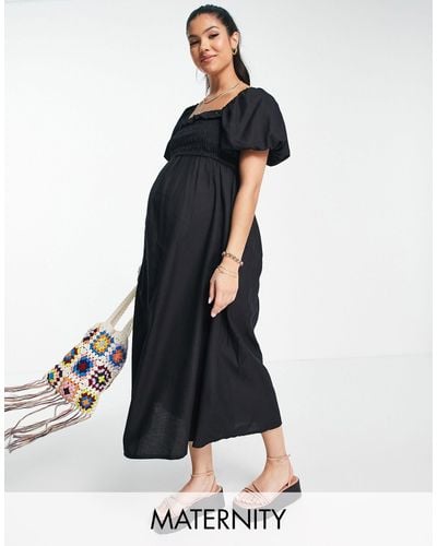New Look Aangerimpelde Midi-jurk Met Pofmouwen En Smokwerk - Zwart