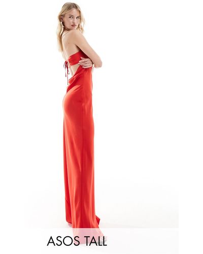 ASOS Asos Design Tall Satin Bandeau Bias Maxi Dress With Tie Back - Red