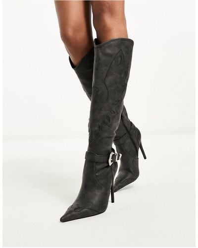 Daisy Street Western Stilleto Knee Boots With Buckle - Black