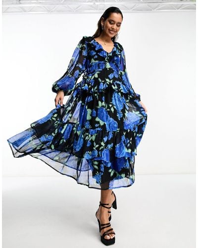 ASOS Tiered Maxi Dress With Frills - Blue