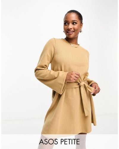 ASOS Asos Design Petite Supersoft Flare Sleeve Sweater Swing Mini Dress With Belt - Natural