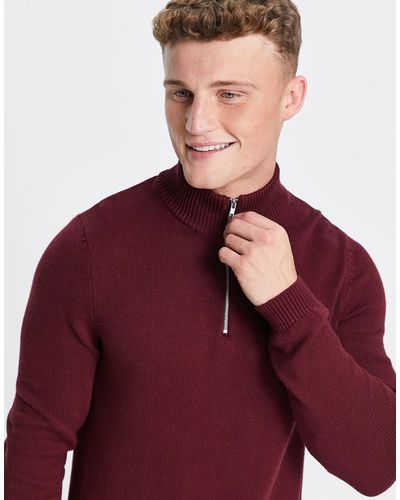 ASOS Midweight Half Zip Cotton Sweater - Red