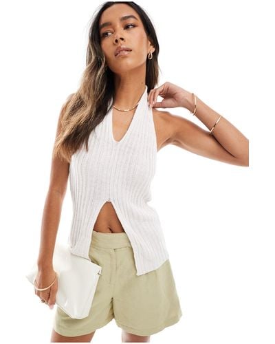 Pieces Knitted Halterneck Longline Top With Split Front - White