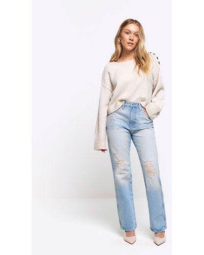 River Island Petite Ripped Stove Pipe Straight Jeans - Blue