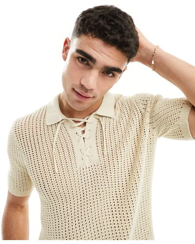 ASOS Lightweight Knitted Pointelle Lace Up Polo - Natural