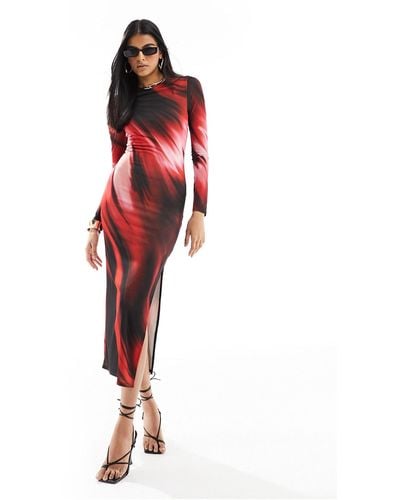 Miss Selfridge Long Sleeve Maxi Ombre Print Dress - Red