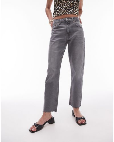 TOPSHOP Cropped Mid Rise Straight Jeans With Raw Hems - Grey