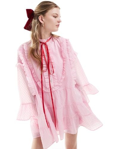 Sister Jane Contrast Bow Tie Ruffle Shirt Mini Dress - Pink