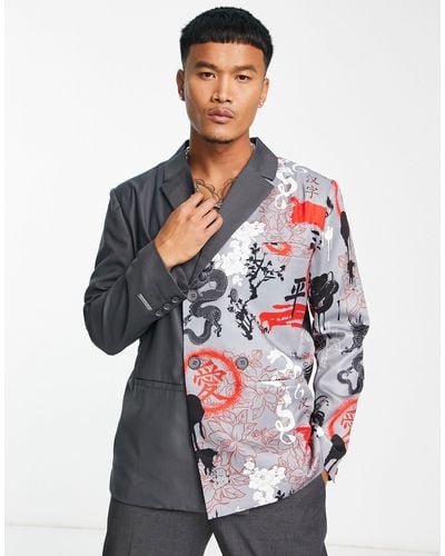 Liquor N Poker Blazer oversize à double boutonnage avec imprimé dragon effet raccordé - Gris