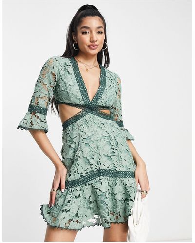 ASOS Lace Mini Dress With Circle Trim And Cut Out Detail - Green