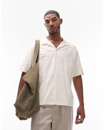 TOPMAN Oversized Fit Button Through Jersey Polo With Embroidery - Natural