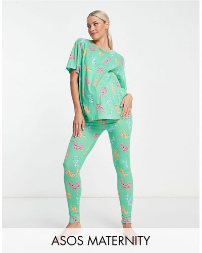 ASOS Asos Design Maternity - Pyjamaset Met Oversized T-shirt En legging Met Dino- En Kreeftenprint - Groen