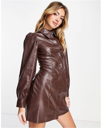 Miss Selfridge Faux Leather Long Sleeve Shirt Dress - Brown