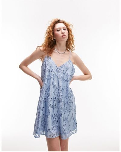 TOPSHOP Embroidered Mini Swing Dress - Blue