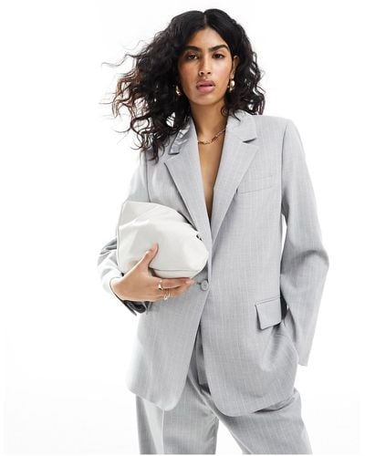 Mango Oversized Pinstripe Blazer - Gray