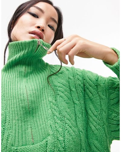 TOPSHOP Oversize Cable Knit Half Zip Sweater - Green