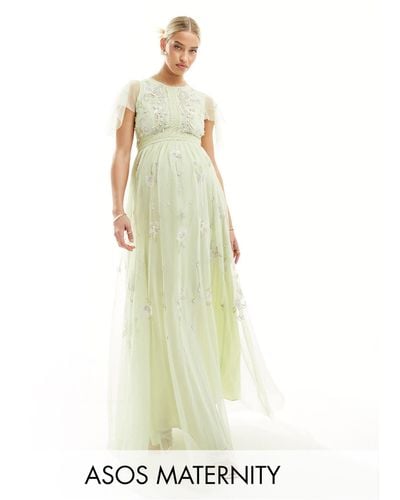 ASOS Maternity Bridesmaid Pearl Embellished Flutter Sleeve Maxi Dress With Floral Embroidery - Green