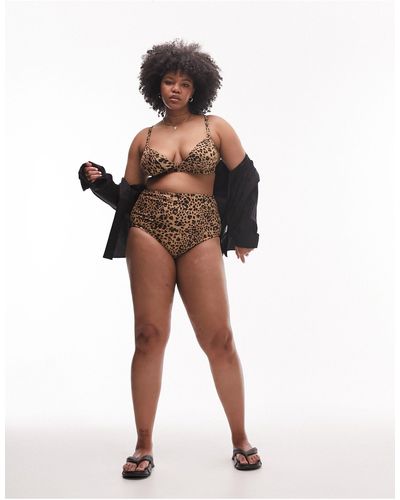 TOPSHOP Curve – mehrfarbige bikinihose mit leopardenmuster und hohem bund - Braun
