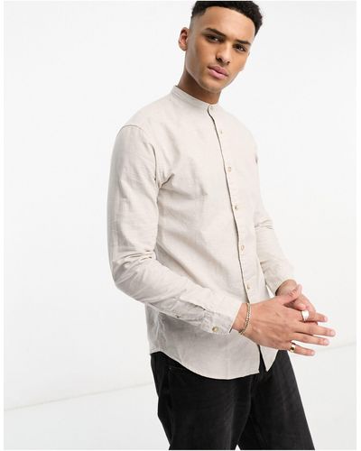 Jack & Jones Essentials Linen Shirt With Grandad Collar - Natural
