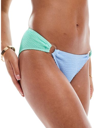 In The Style Exclusive Crinkle Ring Detail High Leg Bikini Bottoms Co-ord - Blue