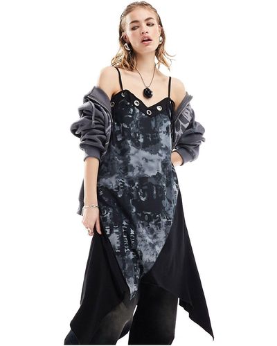 Minga London Hanky Hem Strappy Mini Dress With Grunge Graphics - Black