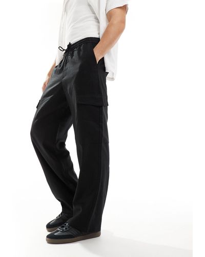 ADPT Loose Fit Linen Mix Cargo Trousers - Black