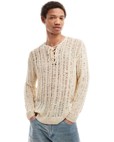ASOS Knitted Open Stitch Sweater With Lace Up Detail - Natural