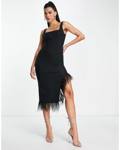 Trendyol Midi-jurk Met Vierkante Hals En Asymmetrische Zoom Met Imitatieveren - Wit