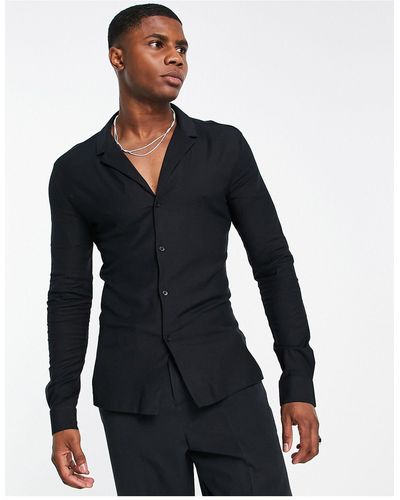 ASOS Muscle Fit Overhemd Van Viscose Met Reverskraag - Zwart