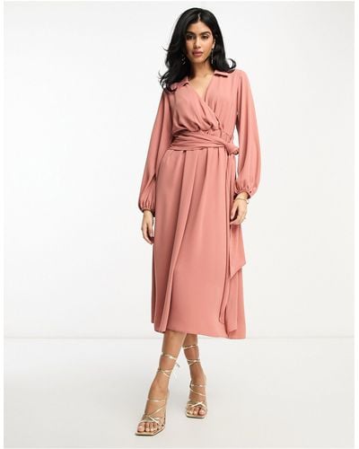 ASOS Wrap Front Collar Long Sleeve Midi Dress With Tie Waist - Red
